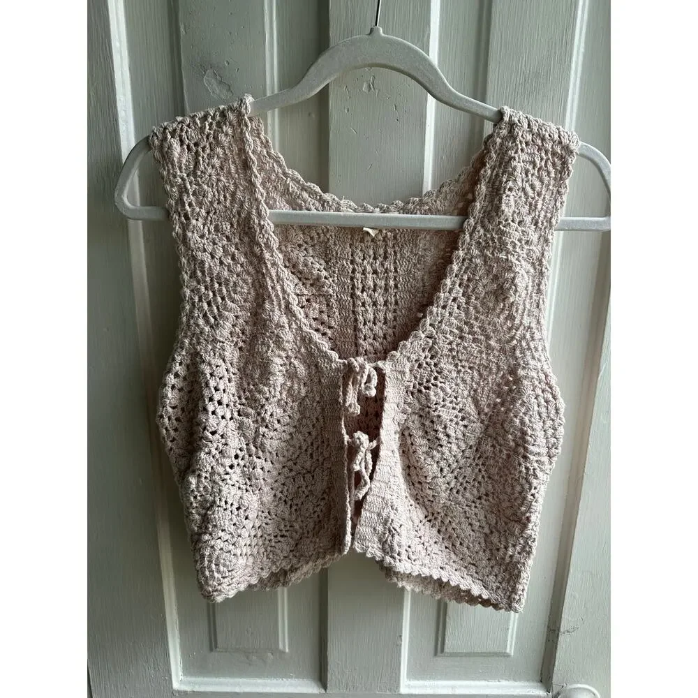 Lucky Brand Boho Crochet Tie-Front Cardigan Sweater Vest Pink Cotton Size M - Picture 2 of 9